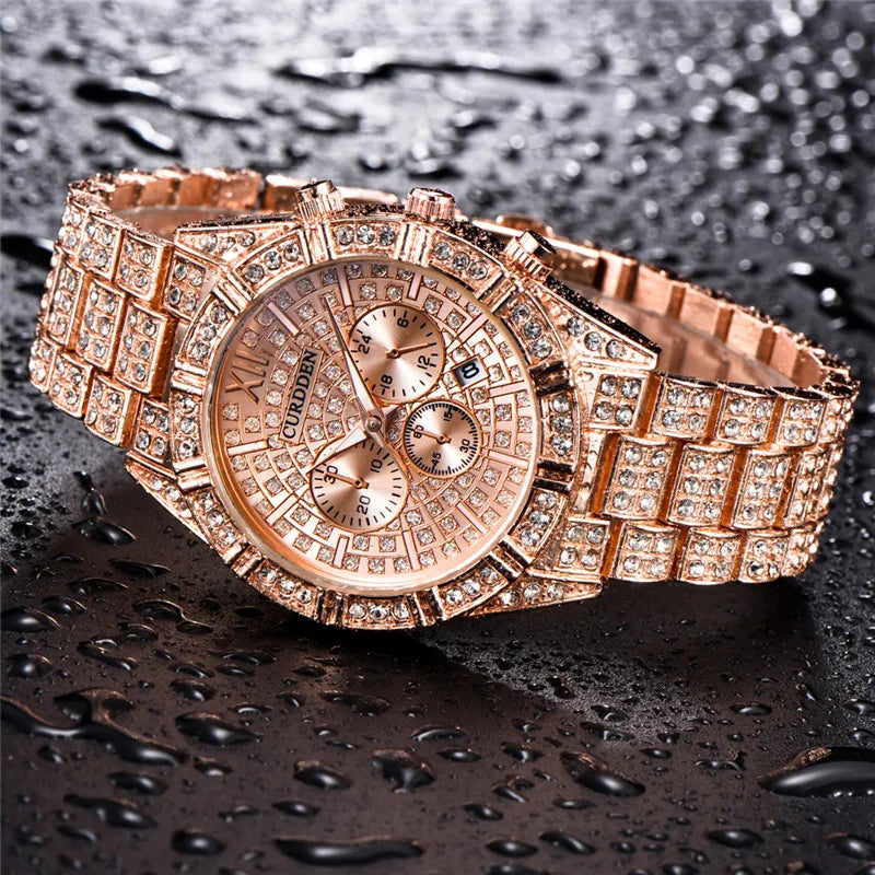 Crystal Quartz Watch with Calendar - Luxury Alloy Wristwatch