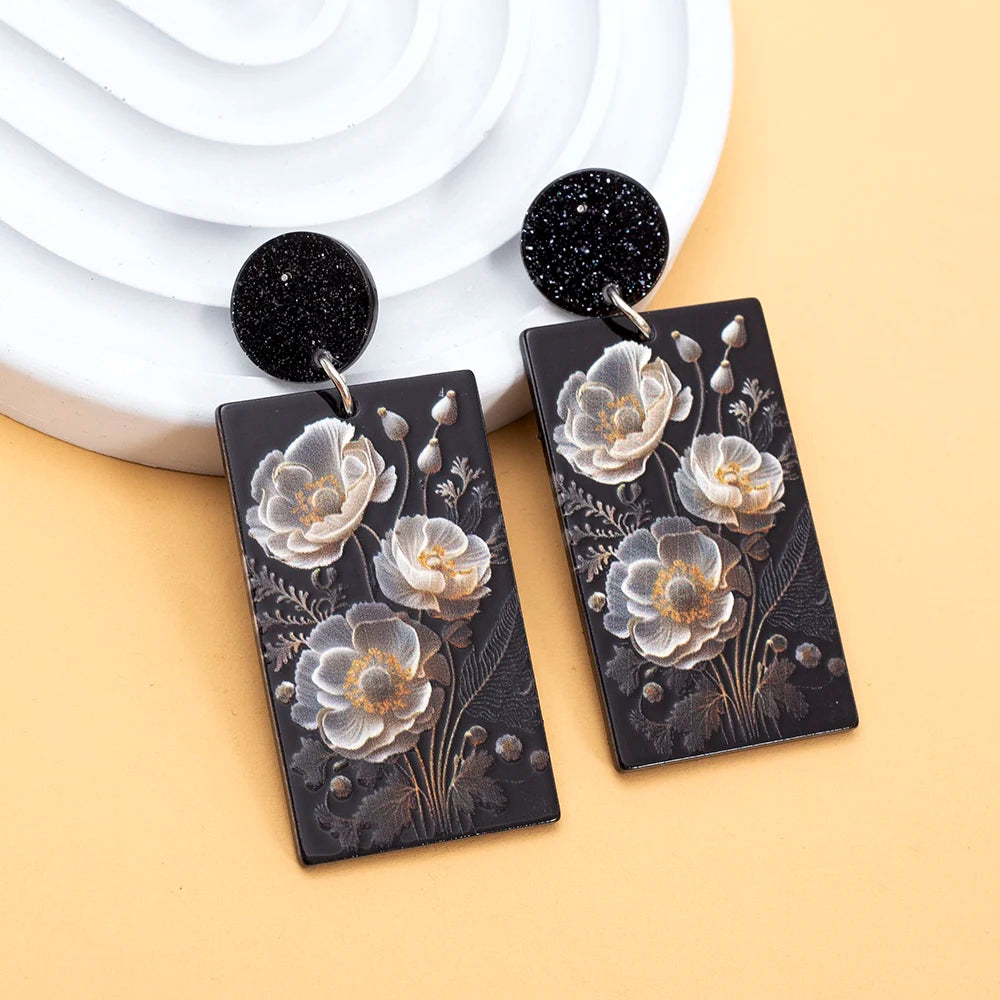 Black Acrylic Flower Drop Earrings - Geometric Design