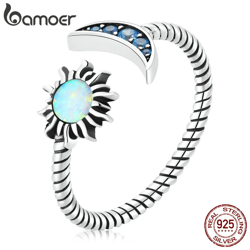 Sun Moon Open Ring - 925 Sterling Silver with Opal Accents