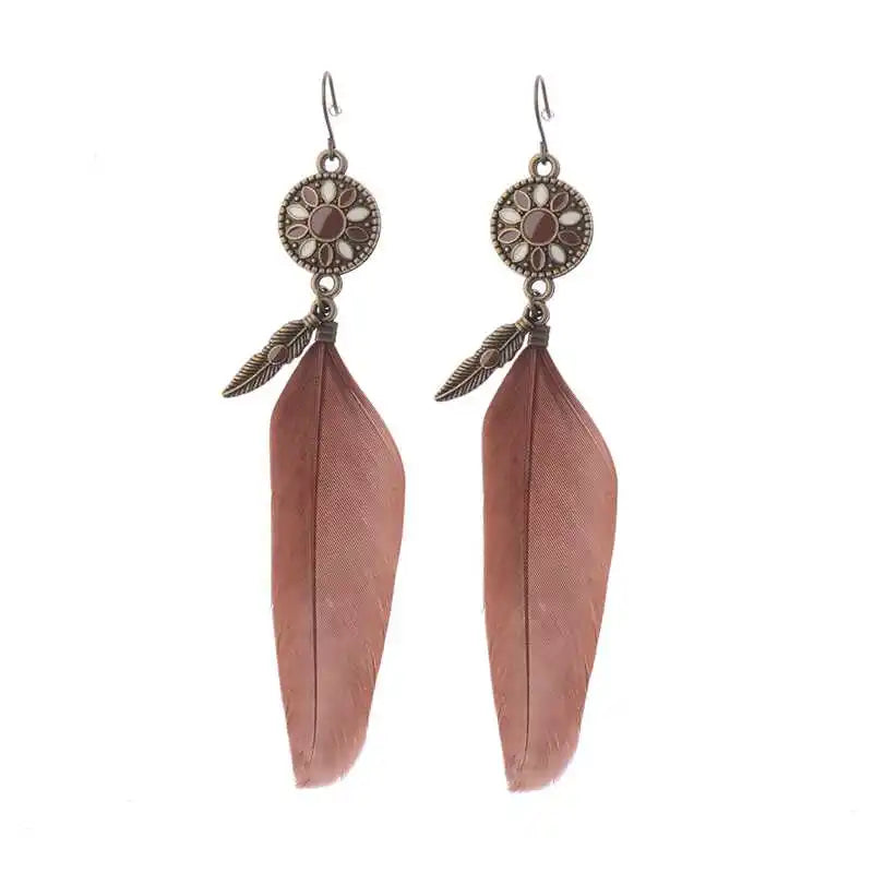 Vintage Bohemian Feather Tassel Earrings - Handmade Ethnic Design