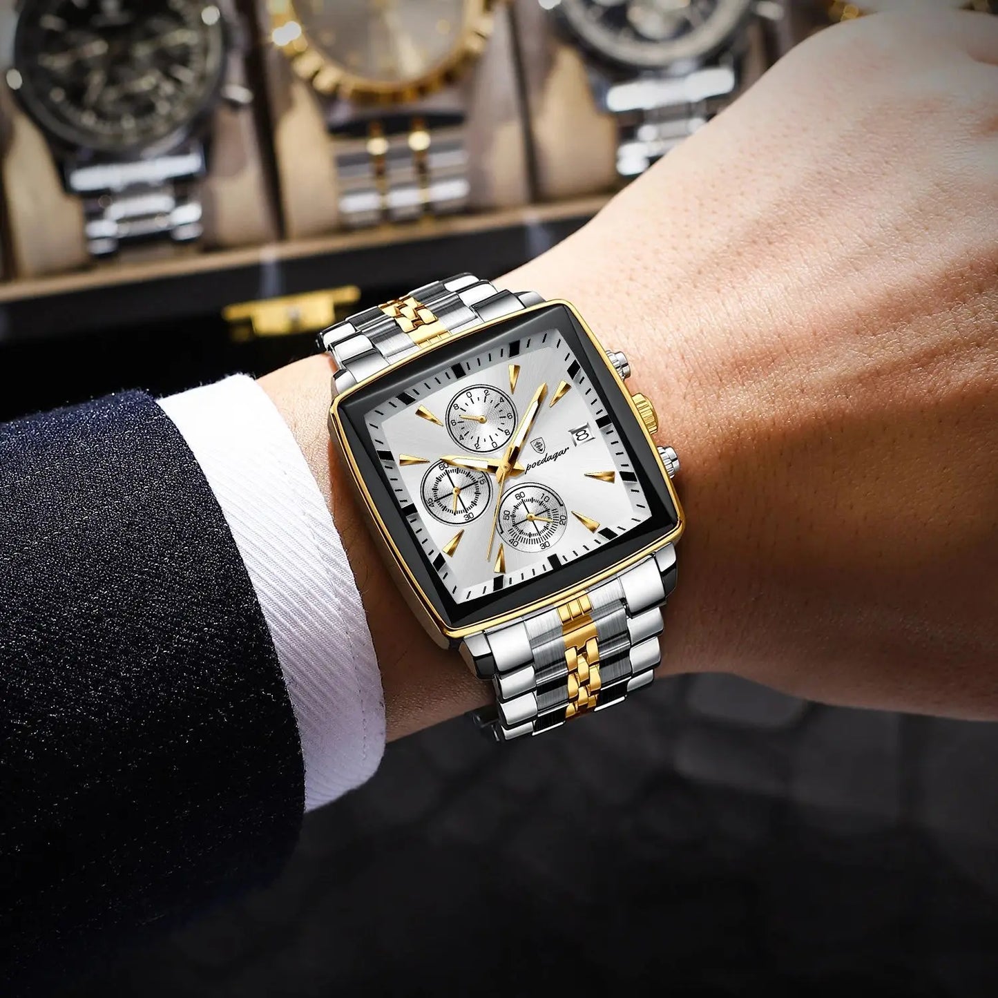 Luxury Square Watch with Chronograph - Stainless Steel Men's Timepiece
