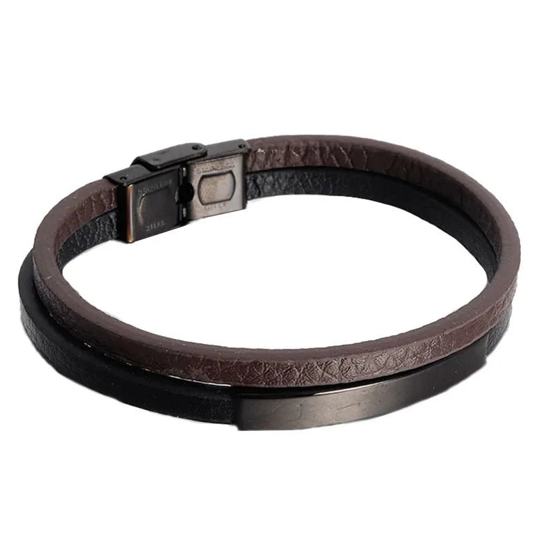 Black Genuine Leather Bracelet - Stainless Steel Magnetic Clasp