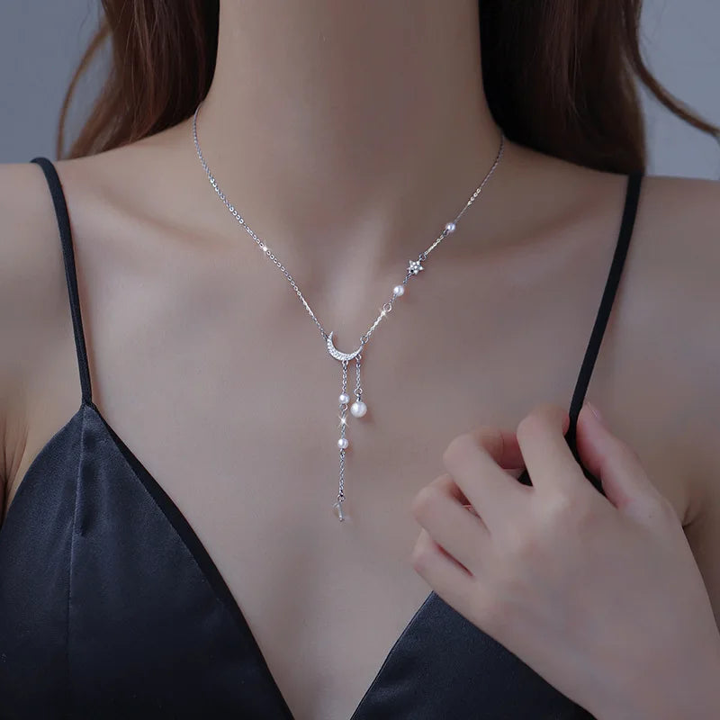 Sparkling Moon and Star Pearl Necklace