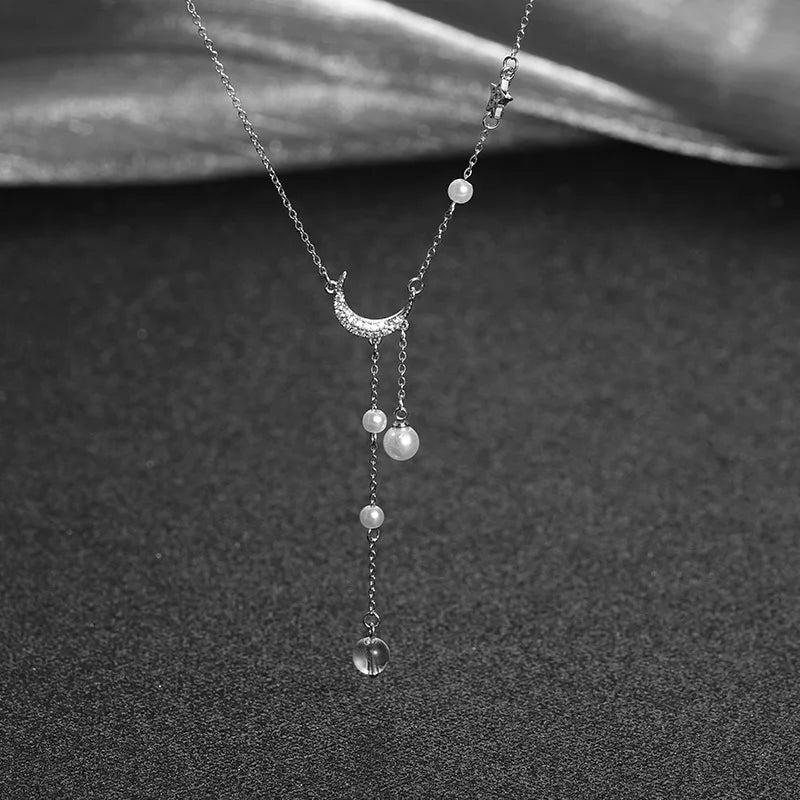 Sparkling Moon and Star Pearl Necklace
