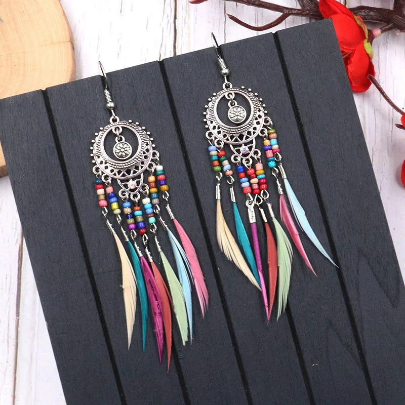 Vintage Bohemian Feather Drop Earrings - Long Tassel Design