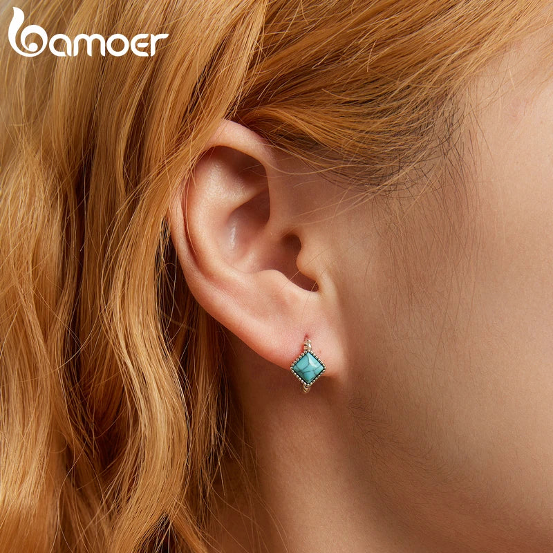 Blue Square Turquoise Earrings - 925 Sterling Silver
