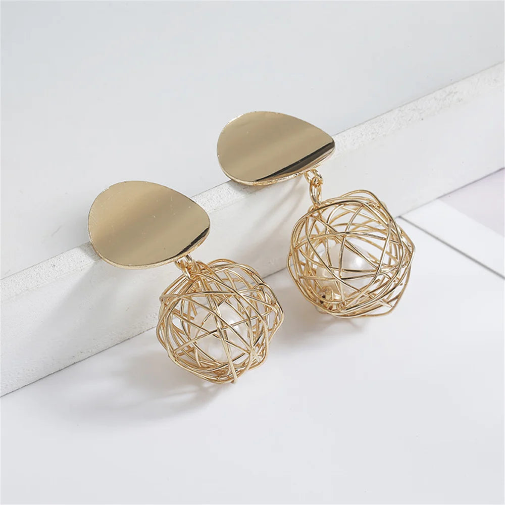 Geometric Woven Ball Pearl Drop Earrings - Gold Tone