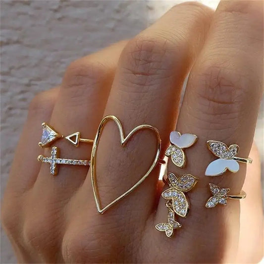 Butterfly Heart Ring Set - Silver Plated Geometric Design