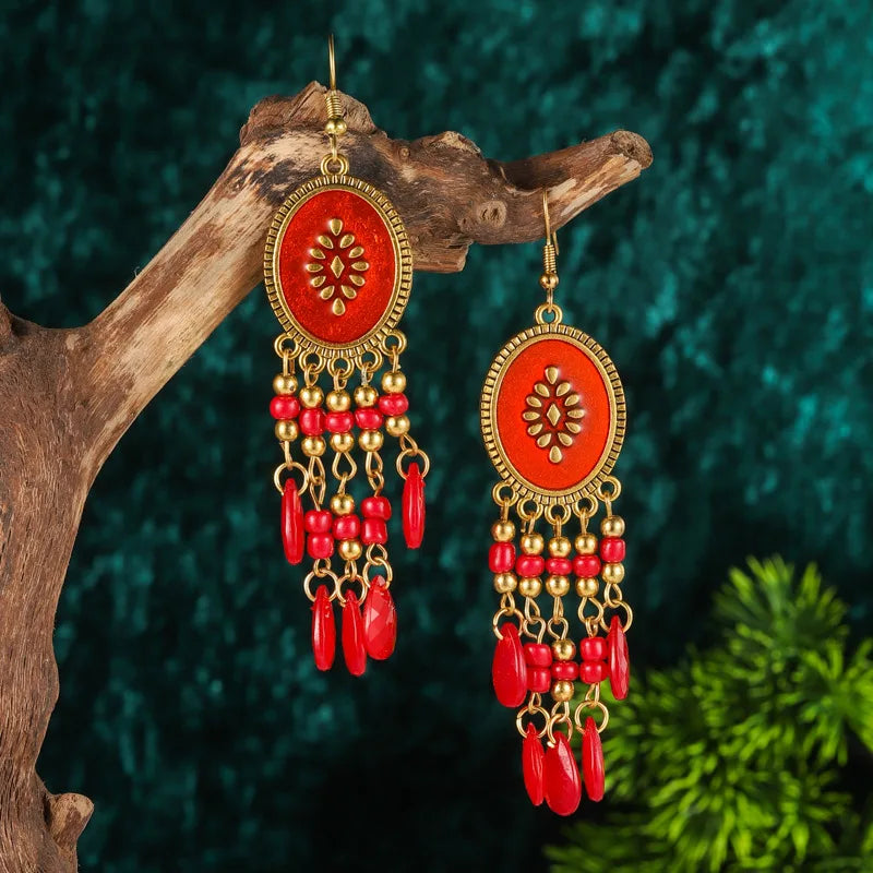 Bohemian Fringed Tassel Drop Earrings - Ethnic Acrylic Design