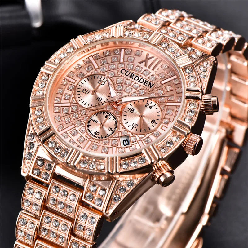 Crystal Quartz Watch with Calendar - Luxury Alloy Wristwatch