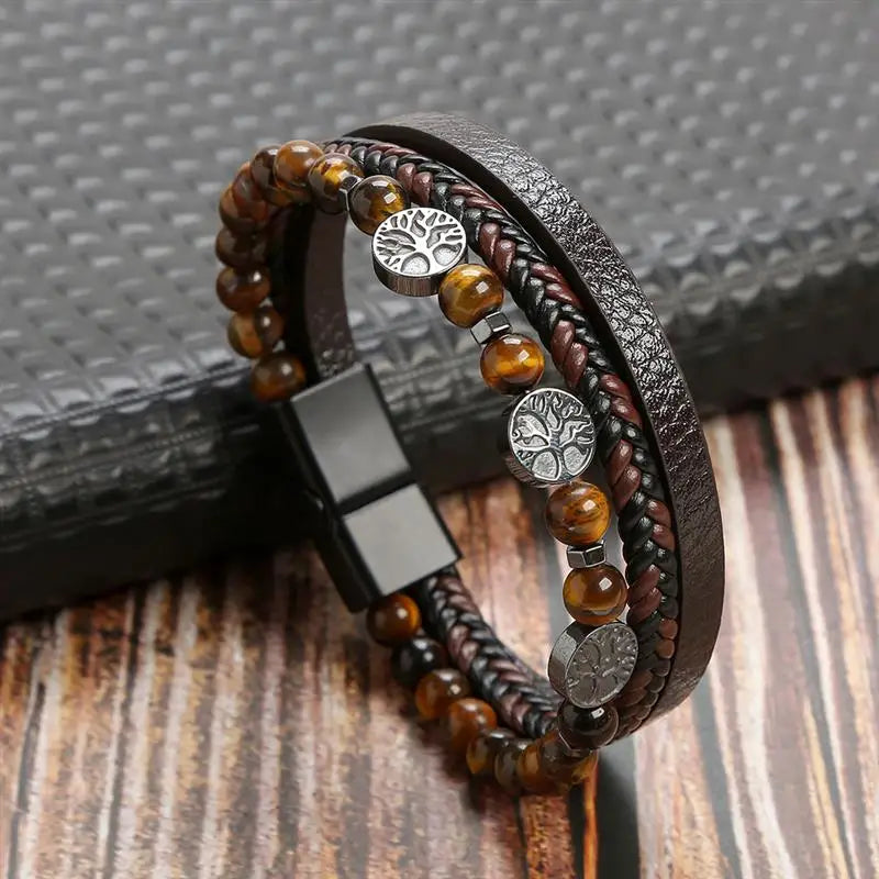 High Quality Leather Bracelet - Tiger Eye Beads with Magnetic Clasp