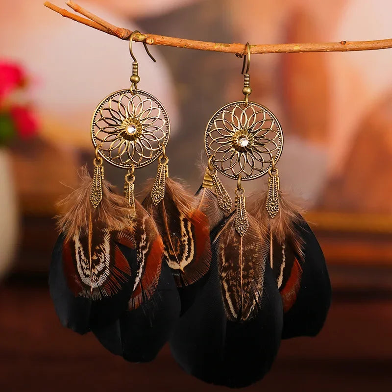 Vintage Bohemian Feather Drop Earrings - Long Tassel Design