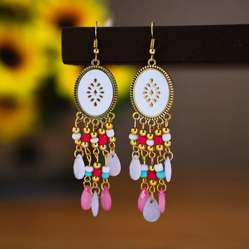 Bohemian Fringed Tassel Drop Earrings - Ethnic Acrylic Design