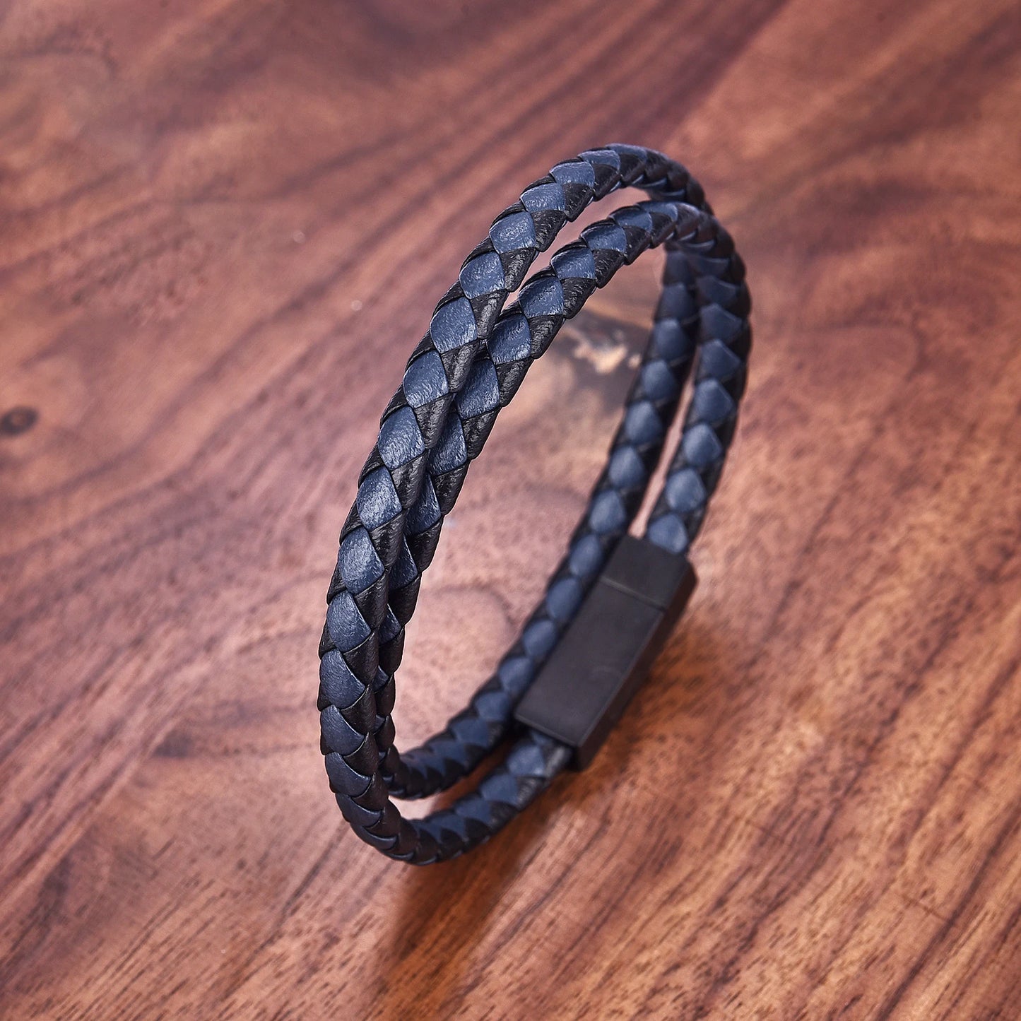 Black Genuine Leather Bracelet - Stainless Steel Magnetic Clasp