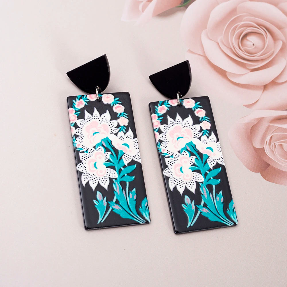 Black Acrylic Flower Drop Earrings - Geometric Design