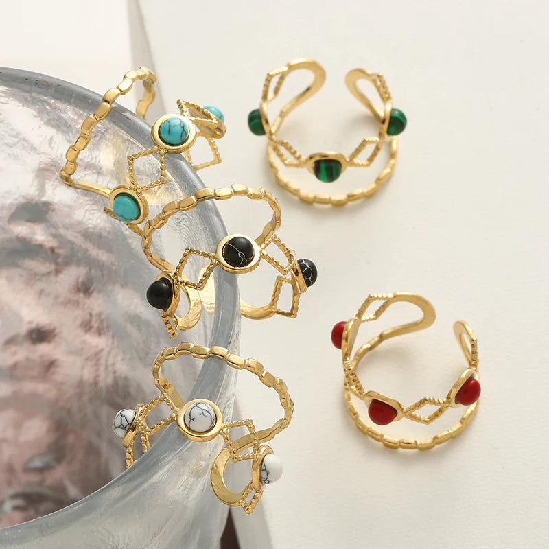 Trendy Layered Stone Ring - Stainless Steel Geometric Design
