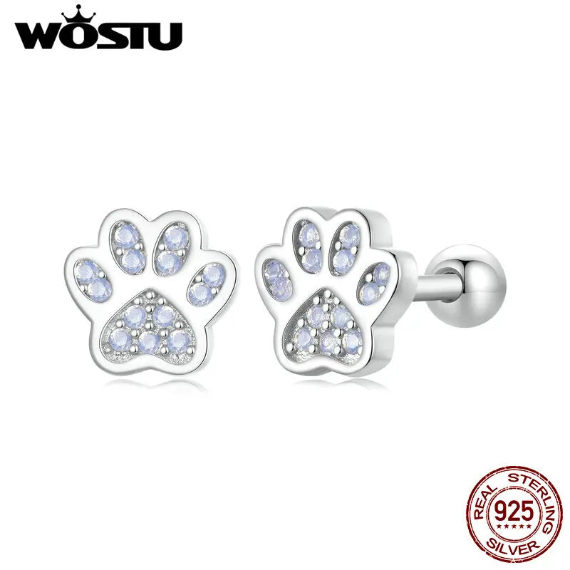 Animal Paw Footprints Stud Earrings - 925 Sterling Silver with Opal