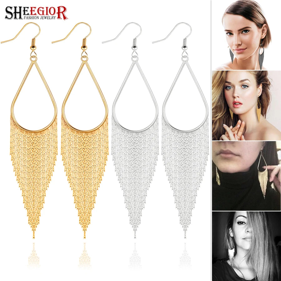 Long Tassel Drop Earrings - Boho Water Drop Design