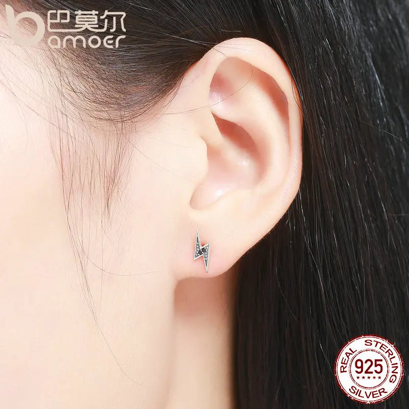 Lightning Black CZ Stud Earrings - 925 Sterling Silver
