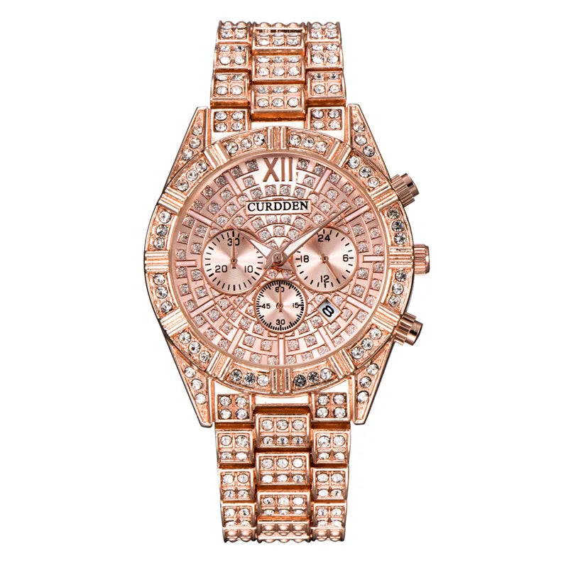 Crystal Quartz Watch with Calendar - Luxury Alloy Wristwatch