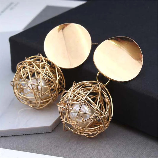 Geometric Woven Ball Pearl Drop Earrings - Gold Tone