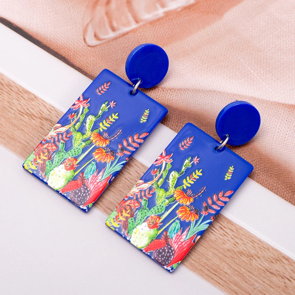 Black Acrylic Flower Drop Earrings - Geometric Design