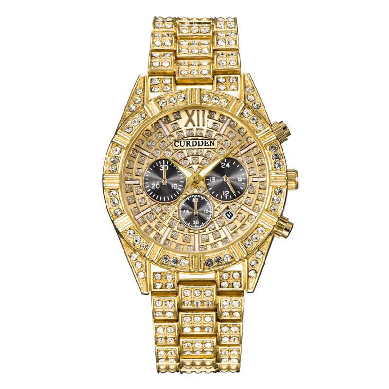 Crystal Quartz Watch with Calendar - Luxury Alloy Wristwatch