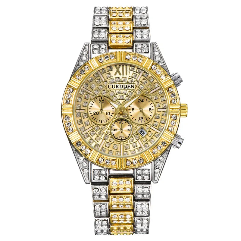 Crystal Quartz Watch with Calendar - Luxury Alloy Wristwatch