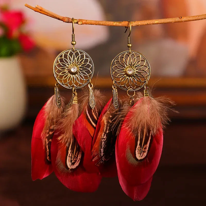 Vintage Bohemian Feather Drop Earrings - Long Tassel Design