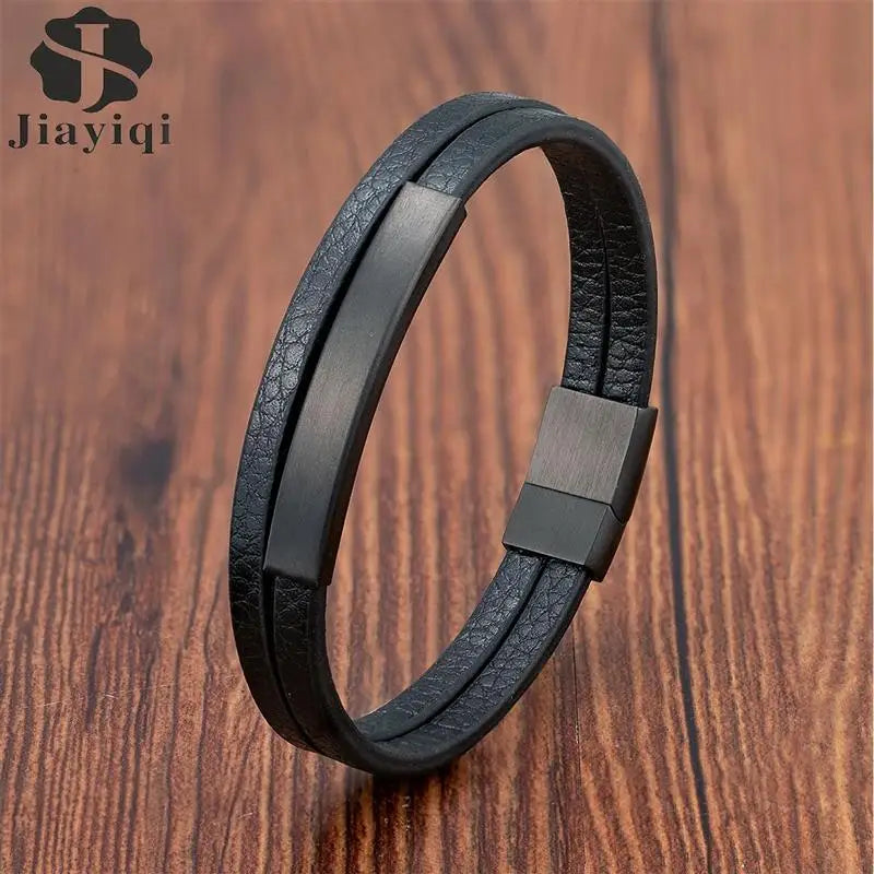 Black Genuine Leather Bracelet - Stainless Steel Magnetic Clasp