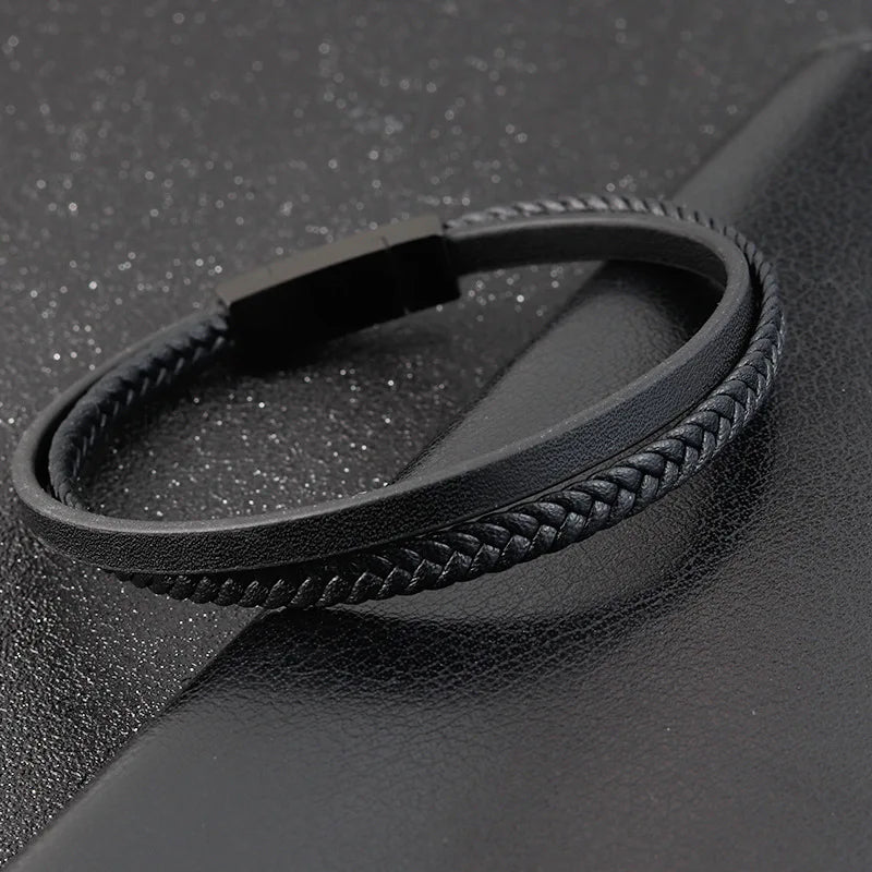 Black Genuine Leather Bracelet - Stainless Steel Magnetic Clasp