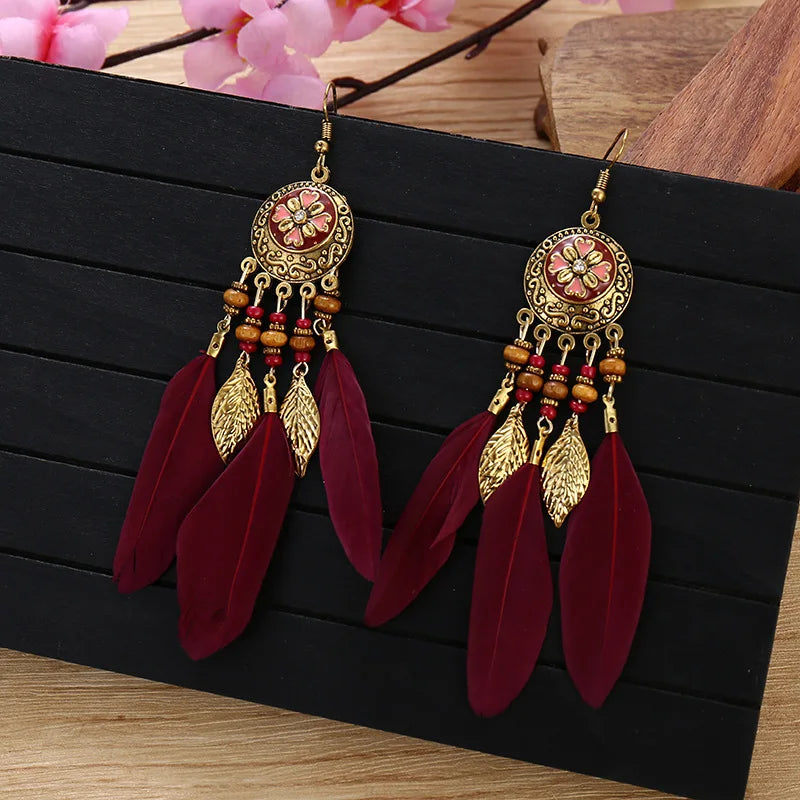Vintage Bohemian Feather Drop Earrings - Long Tassel Design