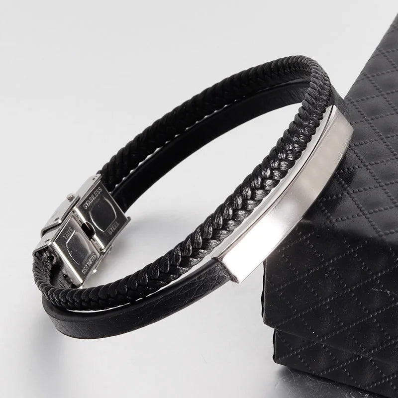 Black Genuine Leather Bracelet - Stainless Steel Magnetic Clasp