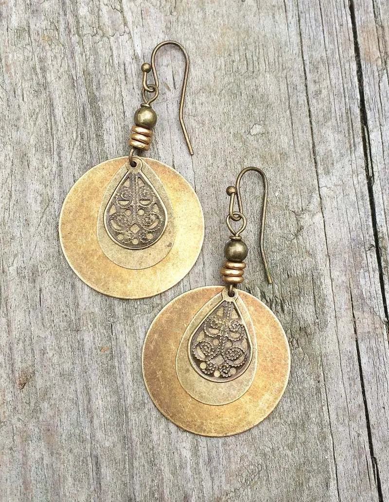 Round Bronze Carved Earrings - Ethnic Style Drop Earrings