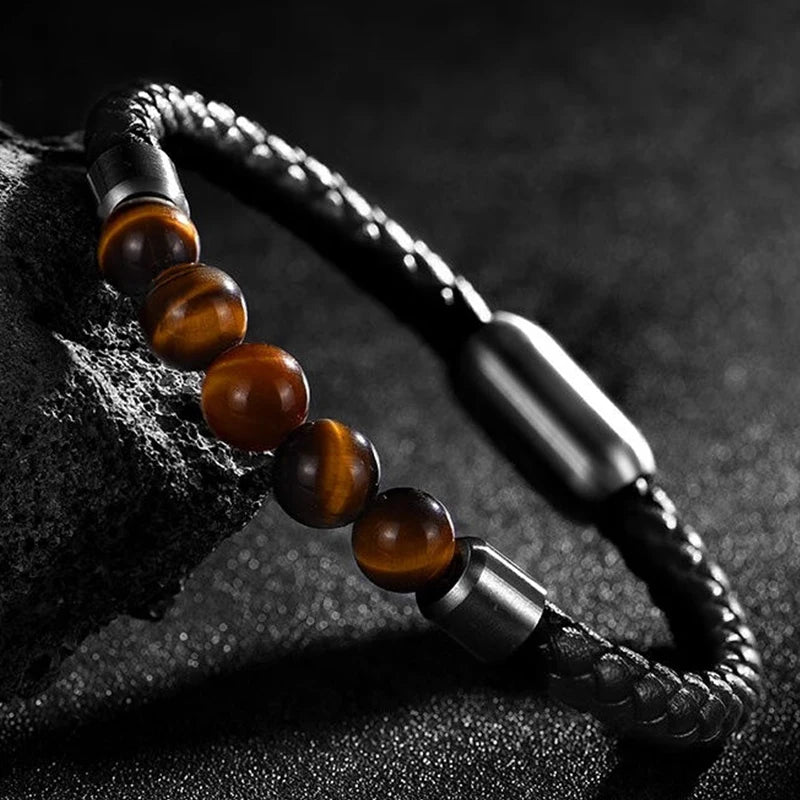 Volcanic Rock Beaded Bangle - Pearl Stainless Steel Design