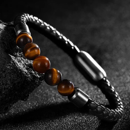 Volcanic Rock Beaded Bangle - Pearl Stainless Steel Design