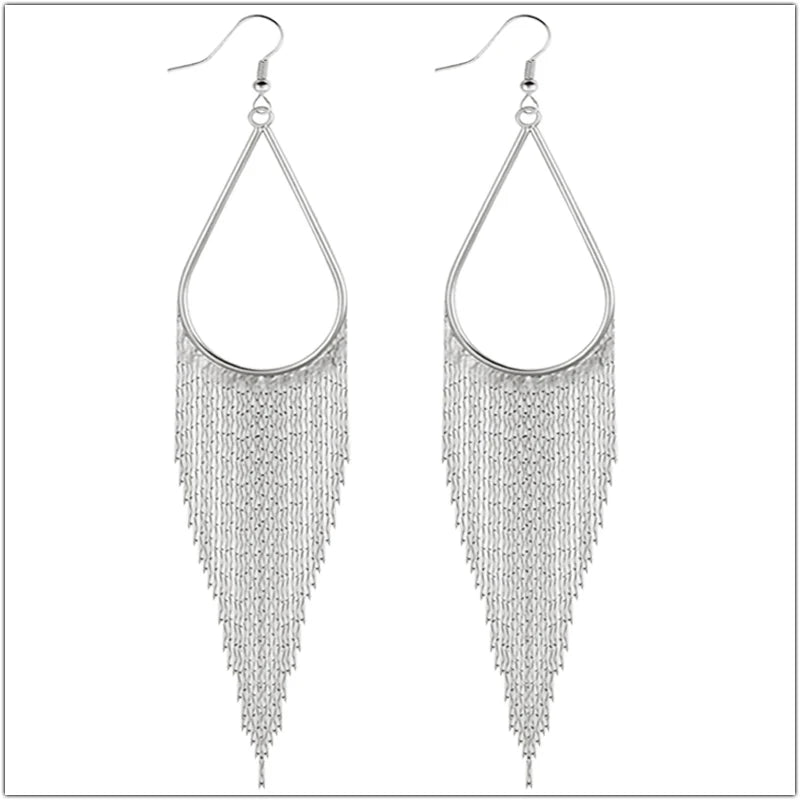 Long Tassel Drop Earrings - Boho Water Drop Design