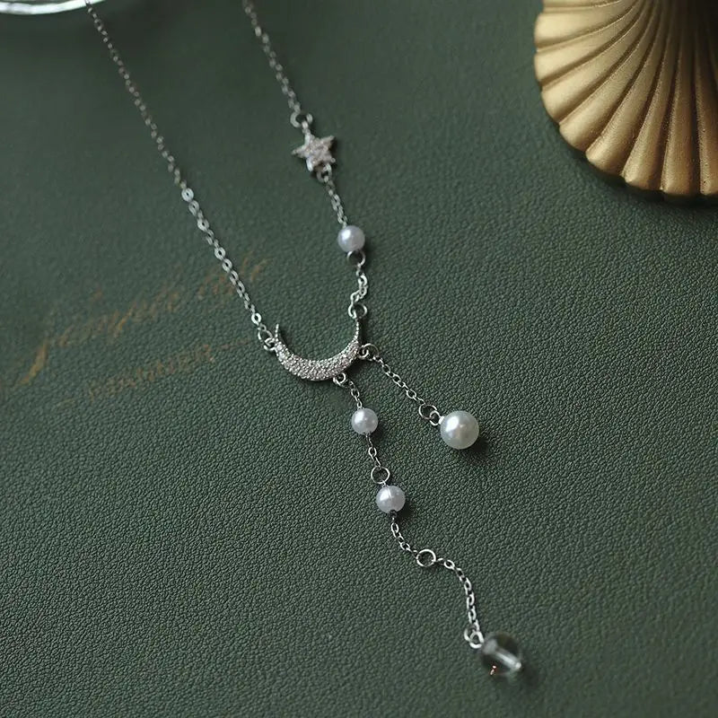 Sparkling Moon and Star Pearl Necklace
