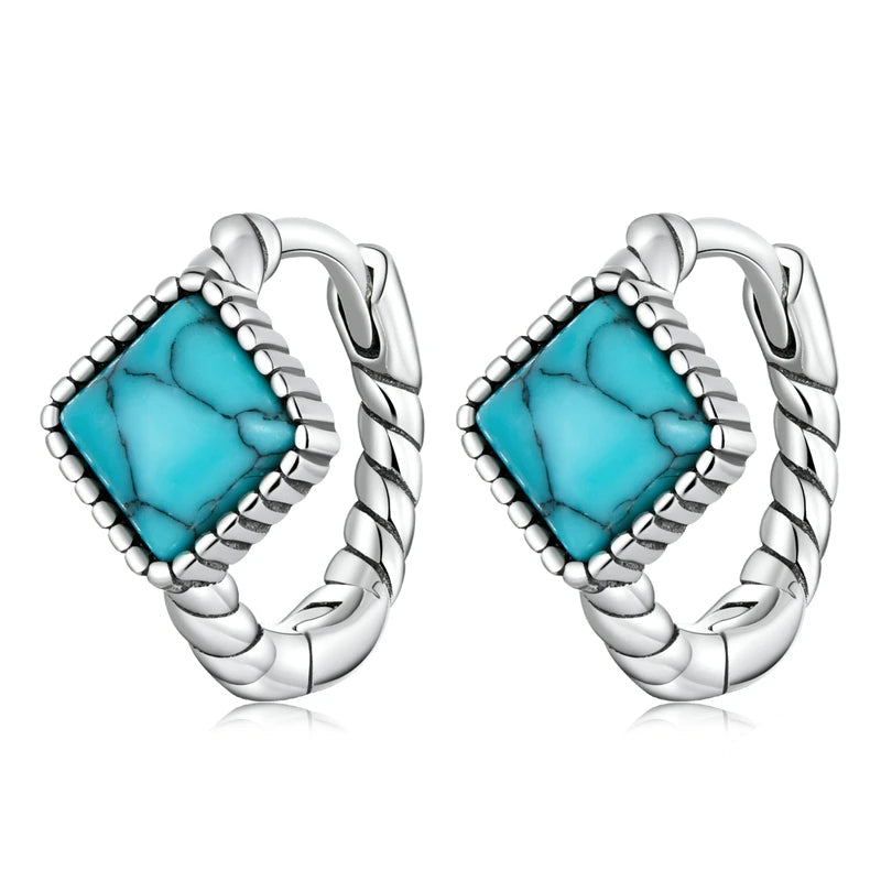Blue Square Turquoise Earrings - 925 Sterling Silver