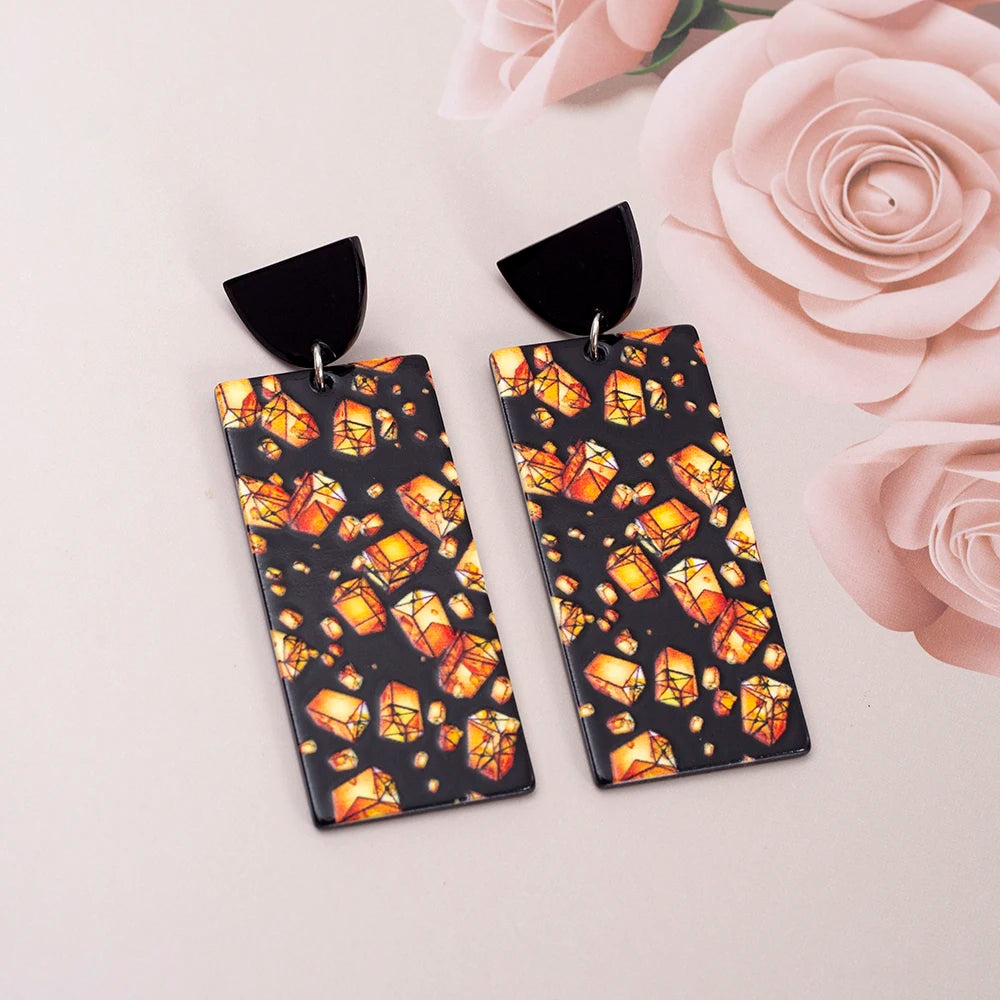 Black Acrylic Flower Drop Earrings - Geometric Design