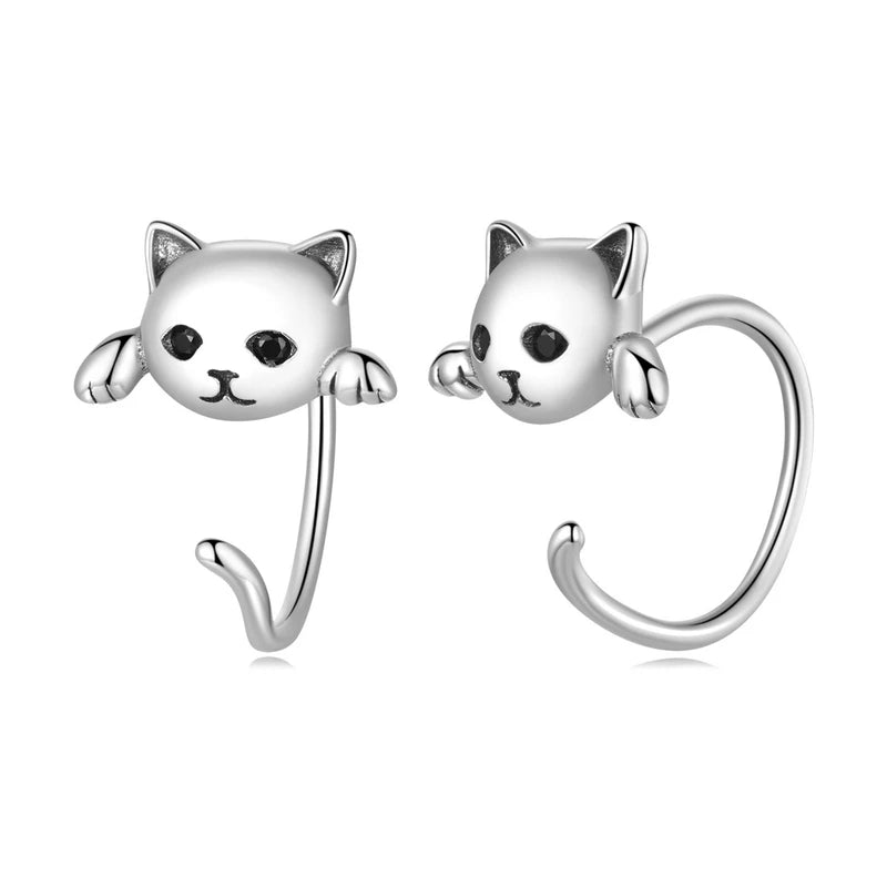 Cute Cat Stud Earrings - 925 Sterling Silver with Zircon
