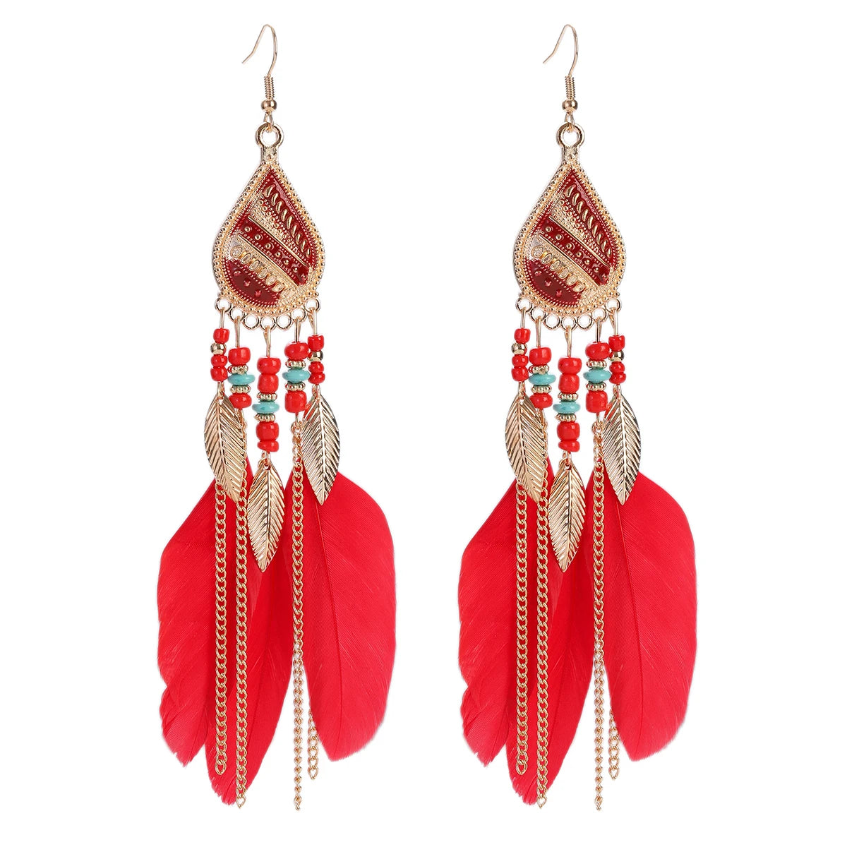 Vintage Bohemian Feather Tassel Earrings - Handmade Ethnic Design