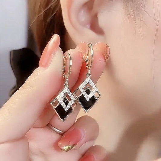 Black Rhombus Drop Earrings - Geometric Rhinestone Design