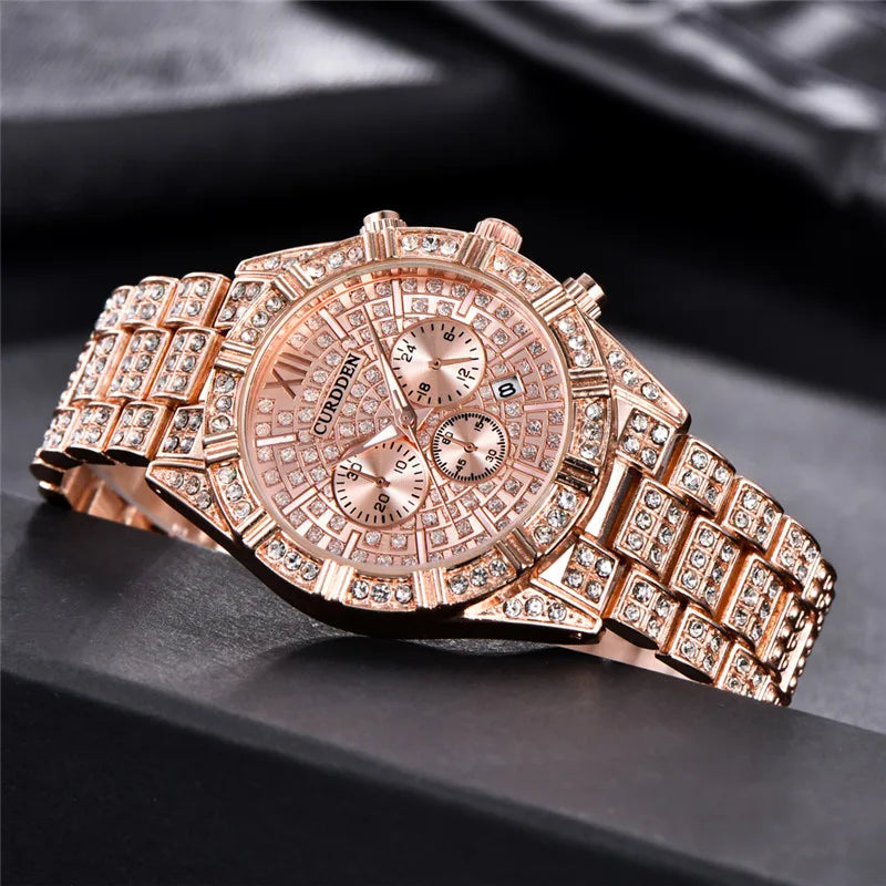 Crystal Quartz Watch with Calendar - Luxury Alloy Wristwatch