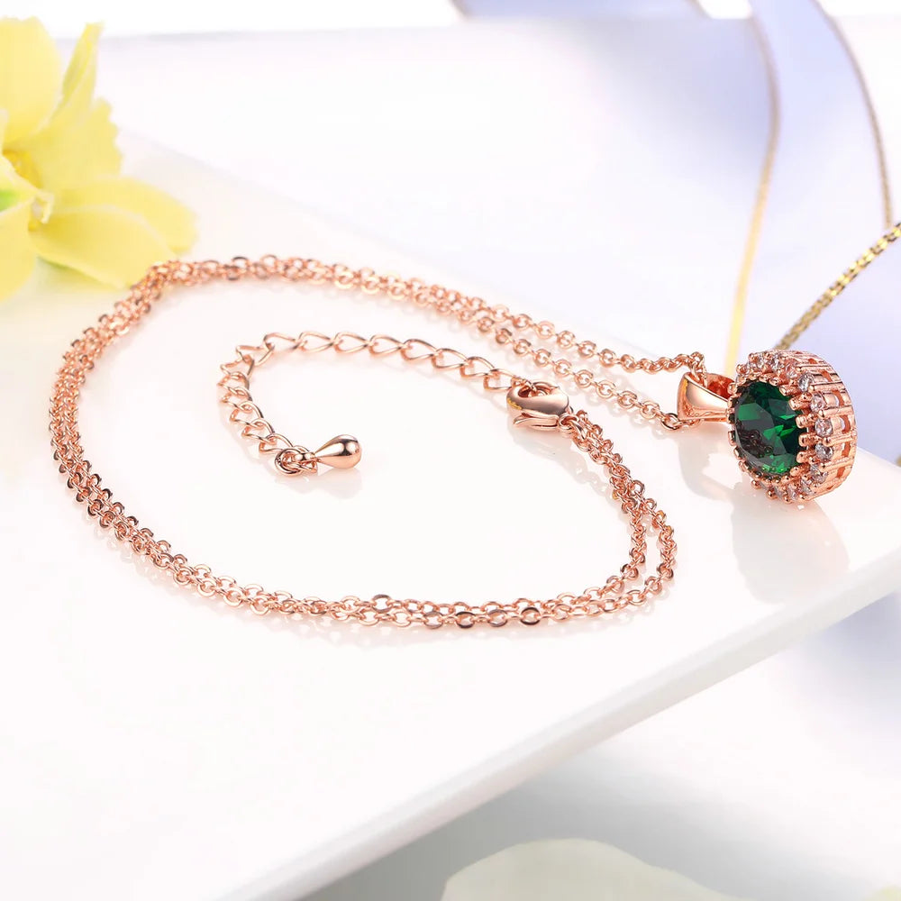 Rose Gold Green Crystal Pendant Necklace - Elegant Design