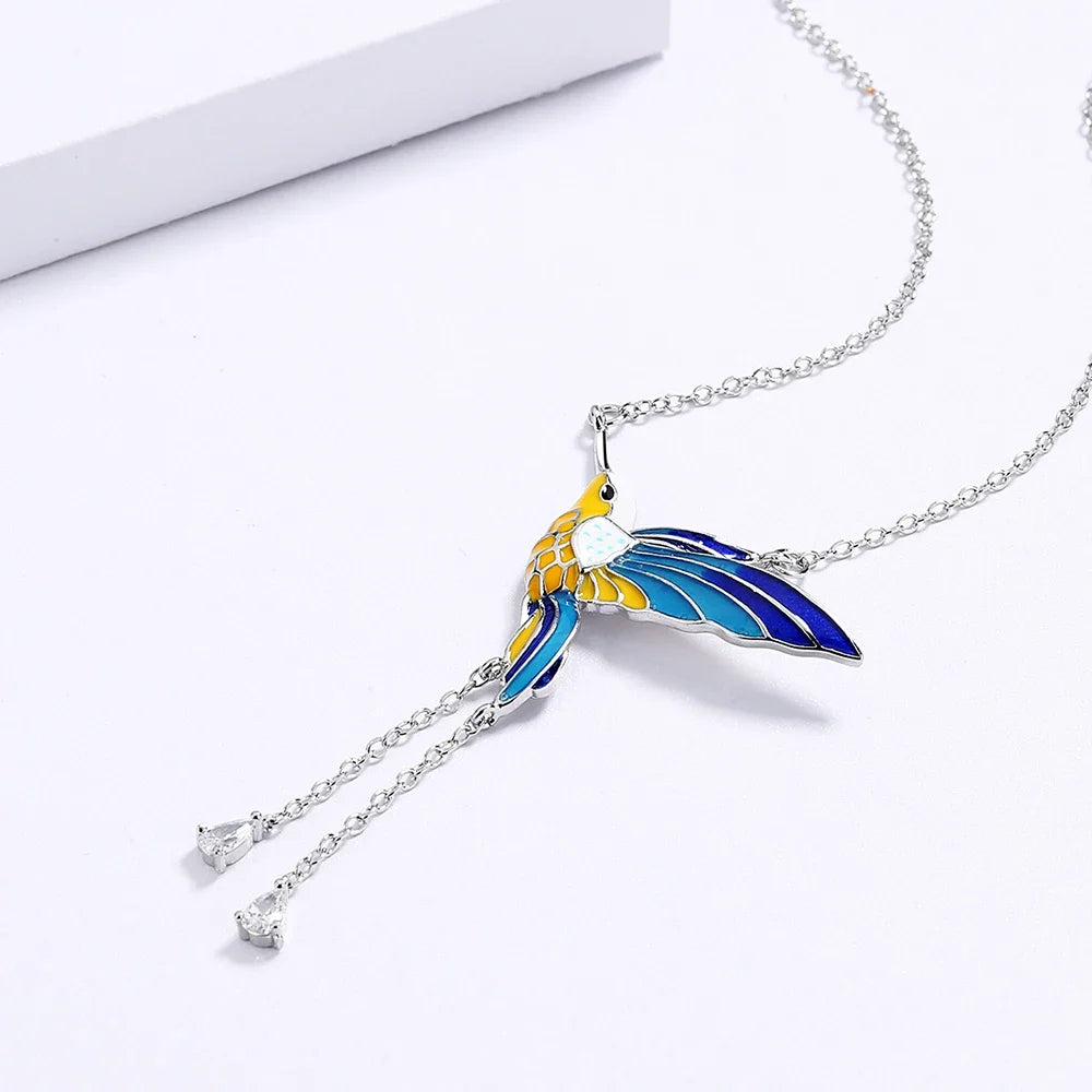 Handmade Colorful Flying Bird Pendant Necklace - Double Sided