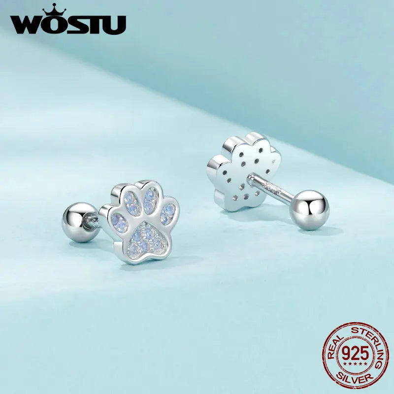 Animal Paw Footprints Stud Earrings - 925 Sterling Silver with Opal
