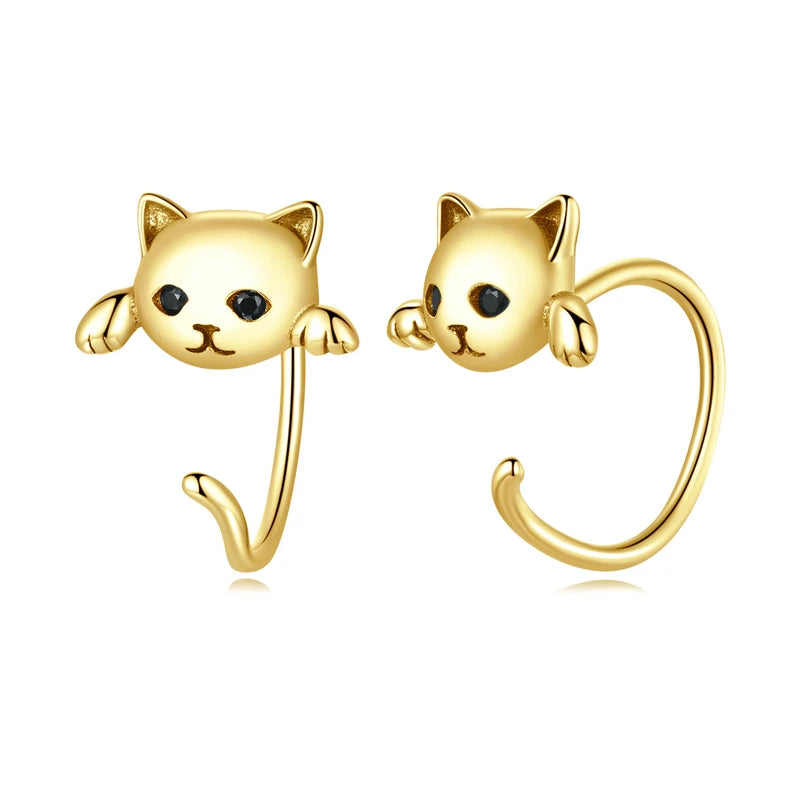 Cute Cat Stud Earrings - 925 Sterling Silver with Zircon