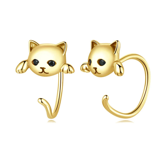 Cute Cat Stud Earrings - 925 Sterling Silver with Zircon