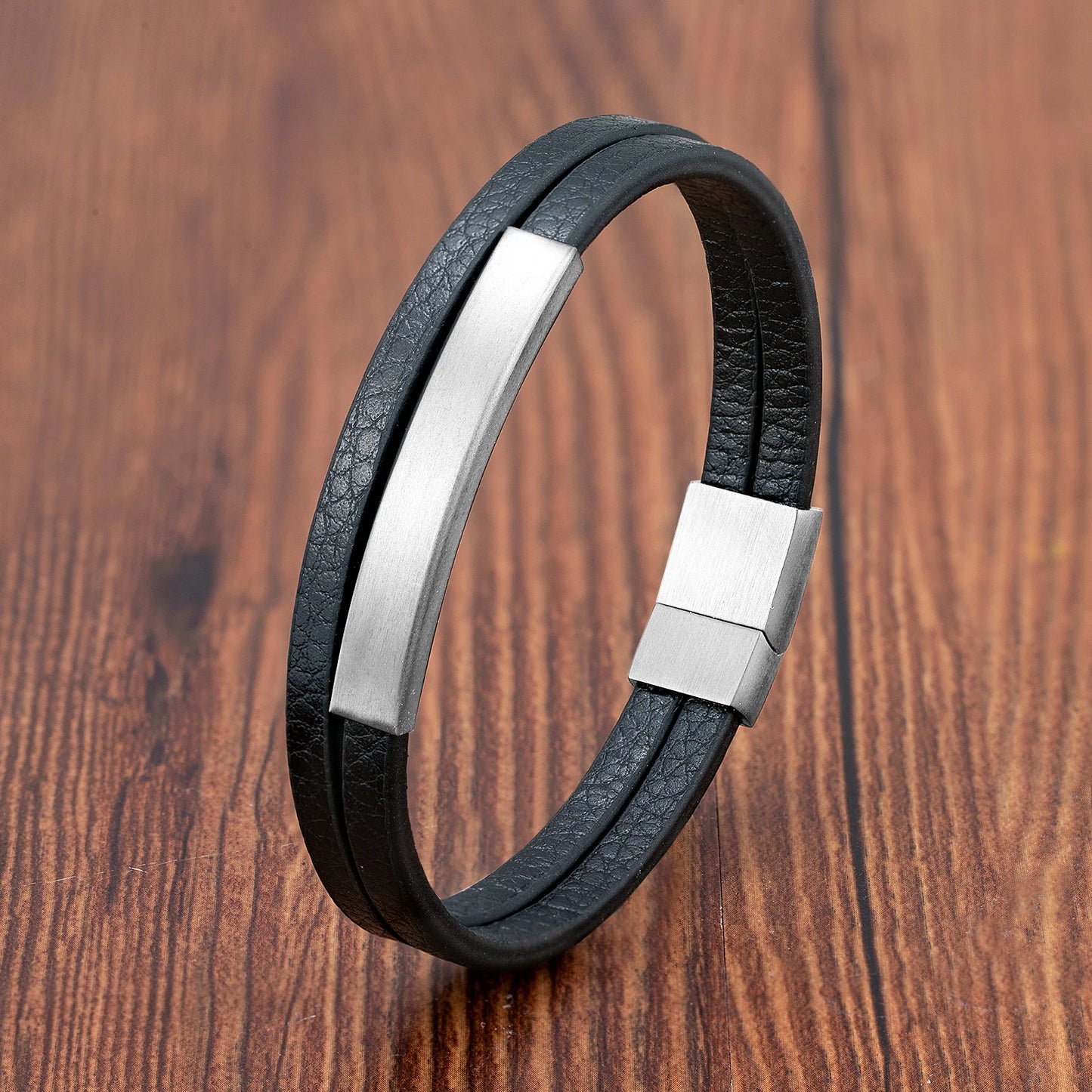 Black Genuine Leather Bracelet - Stainless Steel Magnetic Clasp